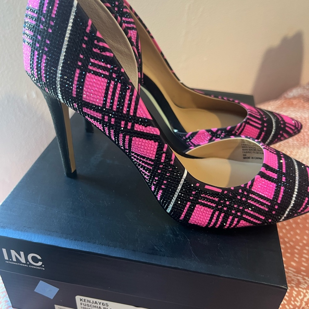 INC International Concepts Black and Pink Plaid Heels